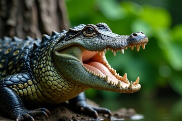 Obraz premium Close-up of an alligator with an open mouth showcasing its sharp teeth and vibrant colors.