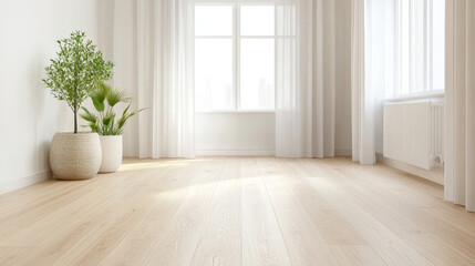 Bright and airy interior with wooden flooring, large windows, and potted plants creating serene atmosphere. Perfect for modern living spaces