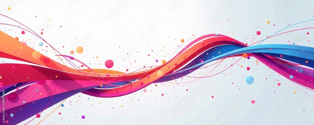 Poster colorful abstract wave design with flowing lines and vibrant dots for creative projects.