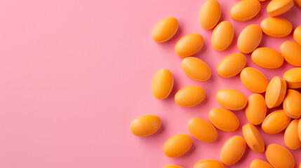 Obraz premium Close-up of vibrant orange tablets scattered on a bright pink background