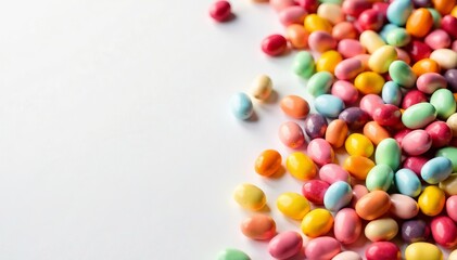Obraz premium Colorful candy beans scattered on a white background, perfect for festive occasions.