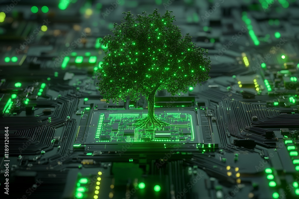 Poster green technology illuminated tree growing from computer circuit board