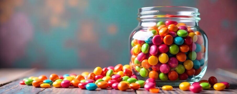 Colorful candy scattered from a jar, creating a vibrant tabletop scene.