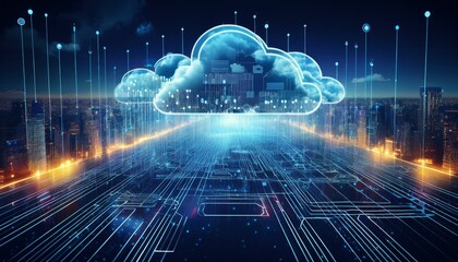 generative ai image of cloud computing and digital data transfer with computing networked across cities country and globe with virtualization approach