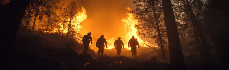 Fototapeta premium Firefighters battle a large wildfire in Los Angeles as thick smoke engulfs the area. The flames reach high into the sky, creating a dangerous environment for containment efforts