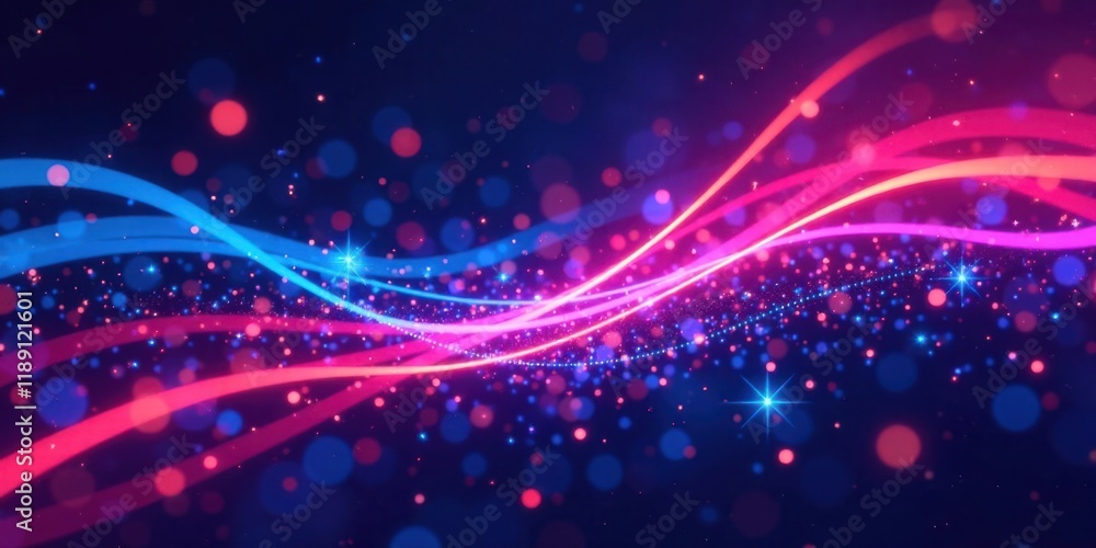 Poster abstract pink and blue glowing wave background with sparkling dust