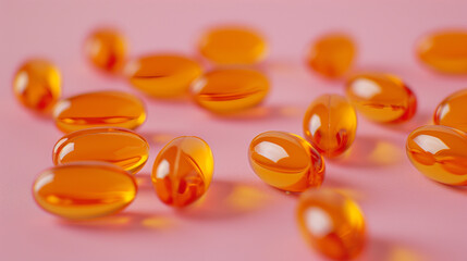 Close-up of vibrant orange tablets scattered on a bright pink background