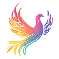 Obraz premium Rainbow dove soaring, vibrant wings, white background, logo design