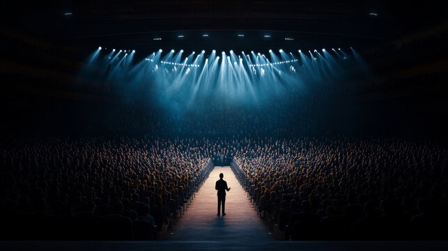 audience captivated by speaker on stage, illuminated by bright lights, creating atmosphere of anticipation and engagement. scene captures essence of public speaking