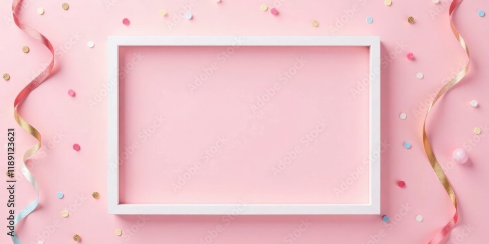 Aufkleber Blank Frame Surrounded by Festive Ribbons and Confetti on a Pink Background