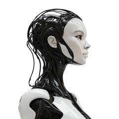 Elegant female cyborg profile with biomechanical wiring, sci-fi portrait. Futuristic humanoid robot in cyberpunk style. AI roboot. Roboot women without background.