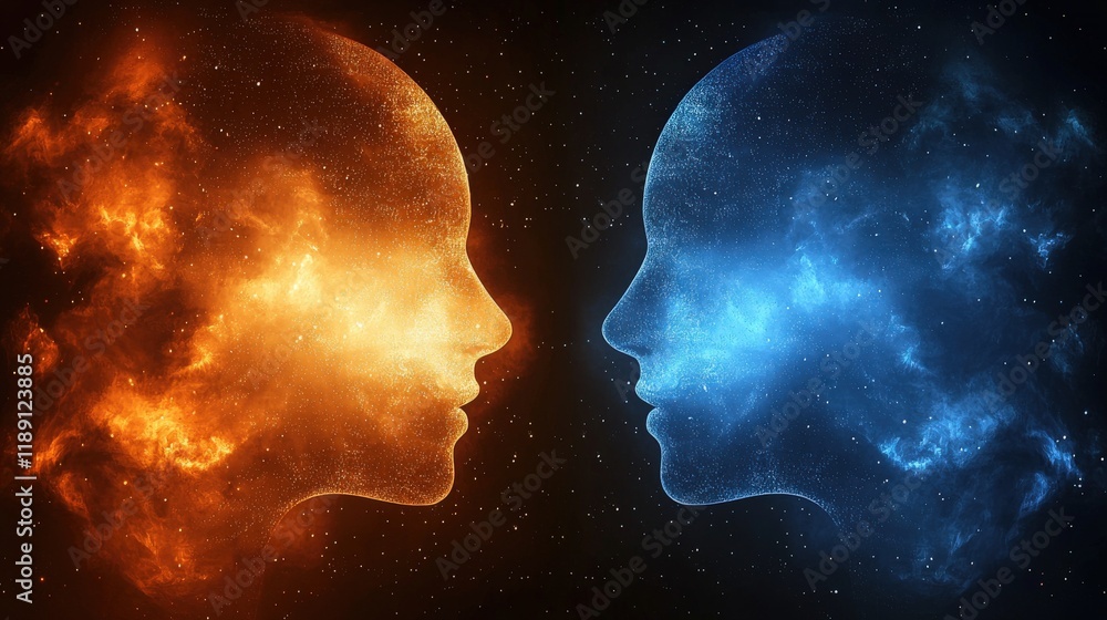 Poster enigmatic encounter of two celestial faces in cosmic clouds of color and light