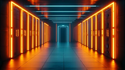 Fototapeta premium Futuristic Digital Circuit Corridor with Neon Lights and Silver Accents