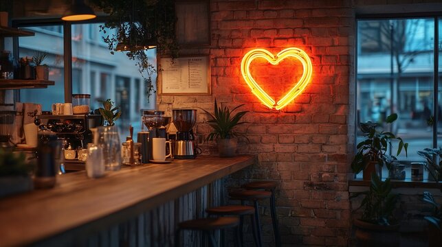 Cozy cafe interior with neon heart sign.