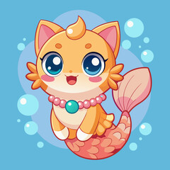 Cute Cartoon Mermaid Kitten – Big Sparkly Eyes, Orange Fur, Colorful Scales, Kawaii Style