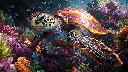 Fototapeta premium Vibrant sea turtle swimming in coral reef.