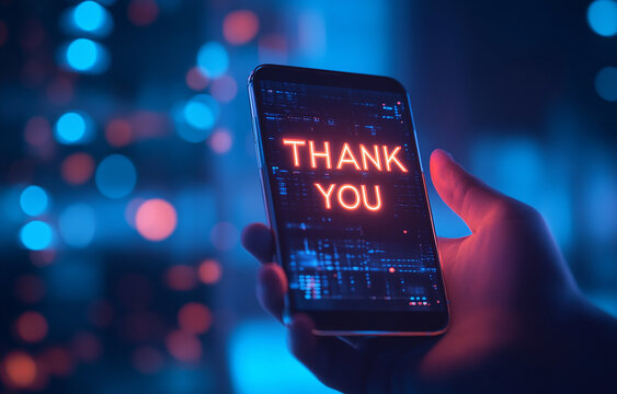 Modern Urban Professional Smiling While Interacting with His Smartphone, Surrounded by a Futuristic Neon-Glowing 'Thank You' Sign in a High-Tech Cityscape
