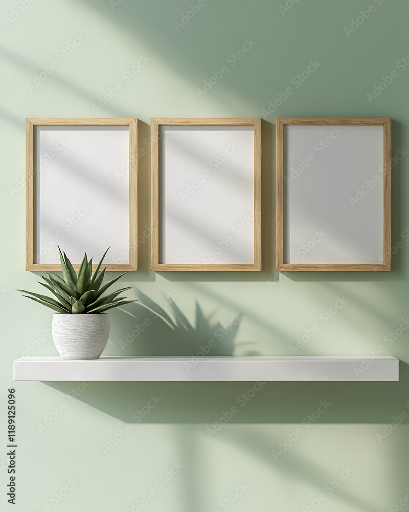 Poster minimalistic shelf with blank photo frames and potted plant