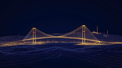 Fototapeta premium Wireframe-style vector illustration of Istanbul city with the Bosphorus Bridge. concept for futuristic urban design, architectural visualization,engineering,digital 3D modeling and modern city mapping