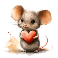 Cute hamster with red heart. Watercolor hand drawn illustration