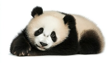 Fototapeta premium a panda bear cub lies down on a white background