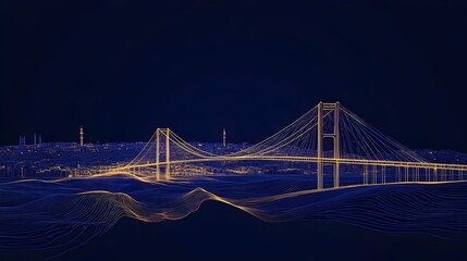 Fototapeta premium Wireframe-style vector illustration of Istanbul city with the Bosphorus Bridge. concept for futuristic urban design, architectural visualization,engineering,digital 3D modeling and modern city mapping