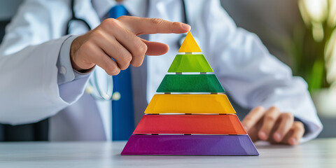A conceptual representation of balanced eating, featuring a doctor pointing at a vibrant food pyramid model with sections of various colors, promoting healthy nutrition