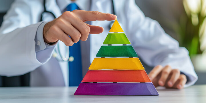 A conceptual representation of balanced eating, featuring a doctor pointing at a vibrant food pyramid model with sections of various colors, promoting healthy nutrition