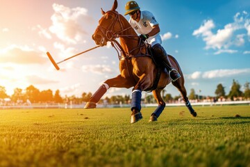 A Polo Player in a Mid-Swing Action Hitting the Ball During Golden Hour with Scenic Countryside Background and Beautiful Lighting