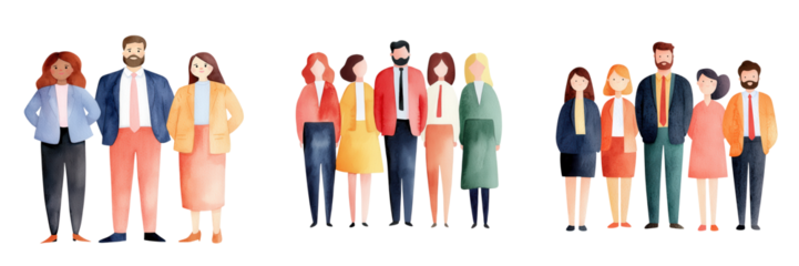 Diverse Group of People Standing Together in Modern Business Attire, Displaying Unity, Collaboration, and Professionalism in an Illustrative Style Ideal for Corporate and Team Projects