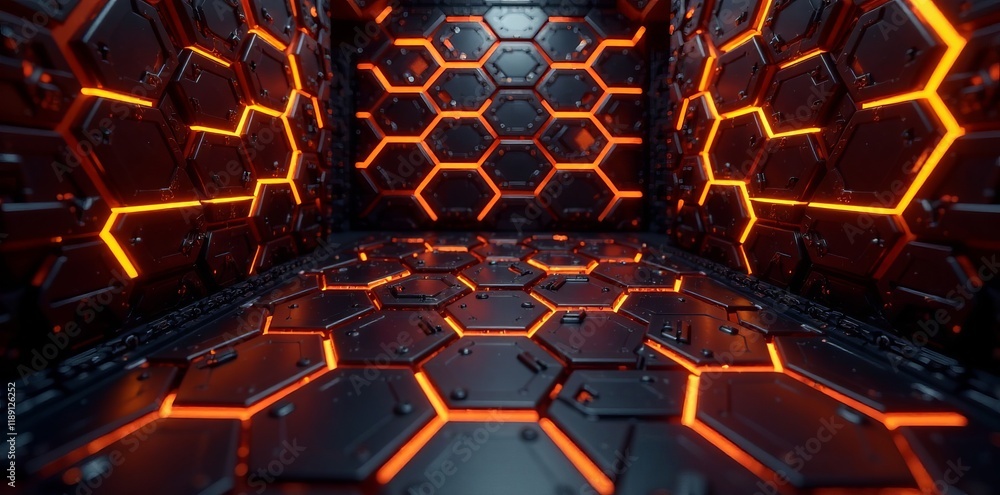 Poster futuristic hexagonal wall with glowing lines, designed for immersive environments.