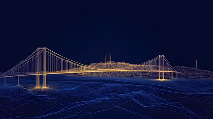 Fototapeta premium Wireframe-style vector illustration of Istanbul city with the Bosphorus Bridge. concept for futuristic urban design, architectural visualization,engineering,digital 3D modeling and modern city mapping