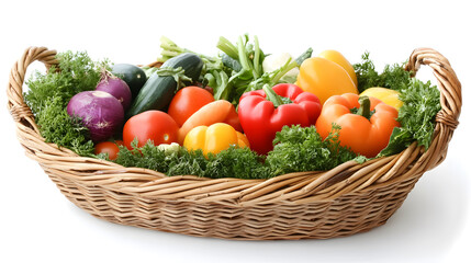 Raw vegetables displayed in a wicker basket against a white backdrop