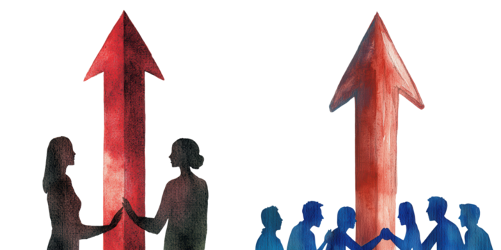 Abstract concept of collaboration and growth showing two diverse silhouettes working together to reach a higher goal, represented by an upward red arrow in a stylized .