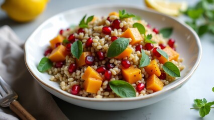 The image is a close-up of a bowl of couscous salad. The bowl is white and is placed on a light-colored tablecloth.