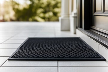 Simple black doormat on white tiled floor. Modern entranceway decor. Minimalist home interior design. Entranceway welcome area. Clean design. Simple home interior. Stylish entrance.