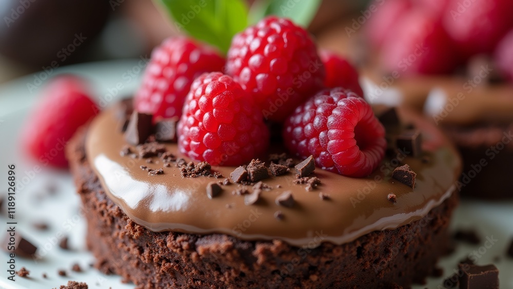 Poster the image shows a close-up of a chocolate cake on a white plate. the cake is round and has a chocola