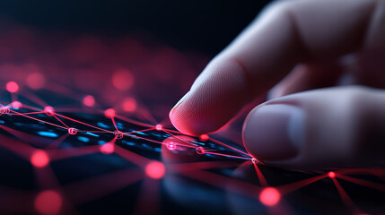 close up of finger touching glowing digital network, symbolizing technology and connectivity. vibrant red lines and nodes create futuristic atmosphere