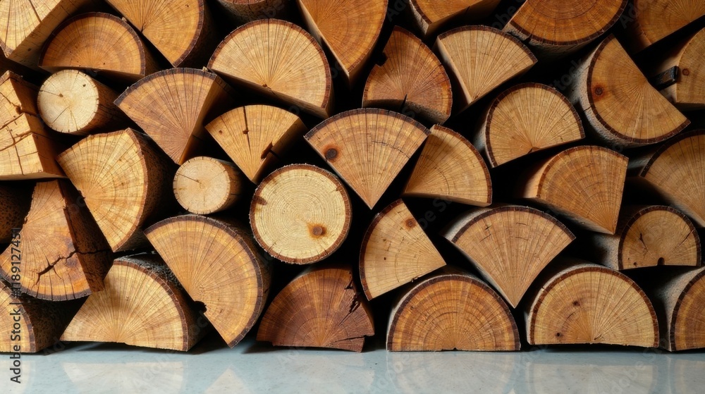 Poster stack of neatly arranged wood logs, showcasing natural wood grain patterns and textures