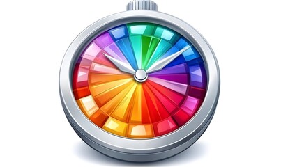 Colorful wheel in metallic casing resembling a clock.