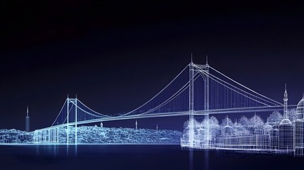 Obraz premium Wireframe-style vector illustration of Istanbul city with the Bosphorus Bridge. concept for futuristic urban design, architectural visualization,engineering,digital 3D modeling and modern city mapping