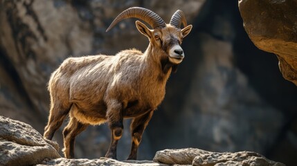 a brown ibex standing on rocks