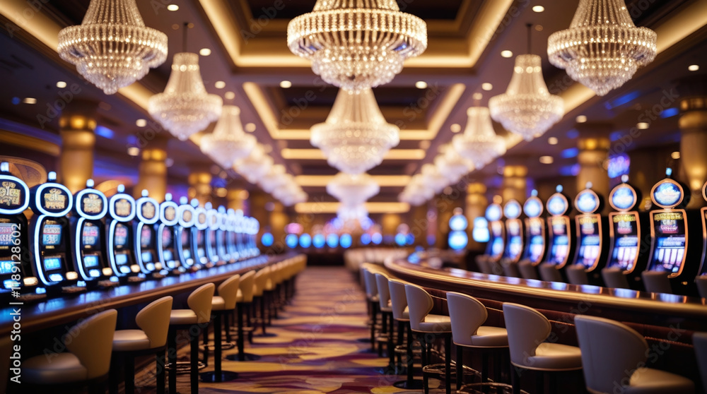Poster the interior of the casino is shown. along the left side of the frame are rows of slot machines with