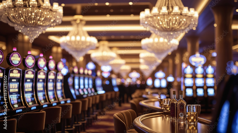 Poster the interior of the casino is shown. along the left side of the frame are rows of slot machines with