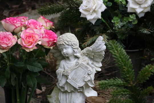 Engel mit Harfe zwischen Blumen / Rosen und Reisig auf dem Friedhof 