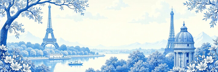 Stunning blue artwork featuring iconic Paris landmarks under a serene sky.