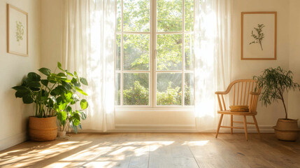 Fototapeta premium bright and airy room featuring large windows, plants, and wooden chair. Natural light floods space, creating serene and inviting atmosphere