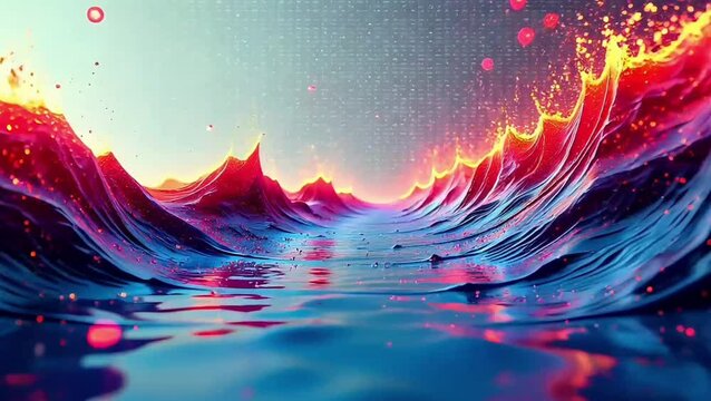 Vibrant abstract waves blend fiery reds with cool blues, evoking dynamic energy and flow, suitable for digital art, wallpapers or creative presentations