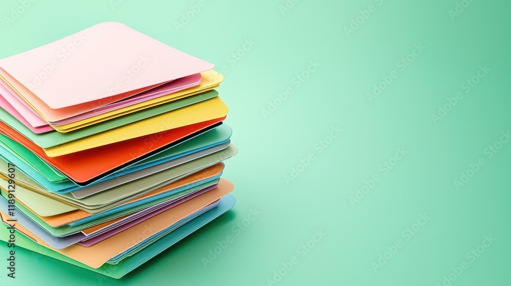 Poster a colorful stack of sticky notes arranged neatly on a soft green background, ideal for organization 