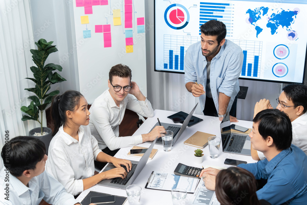 Poster analyst team utilizing bi fintech to analyze financial data at table in meeting room. businesspeople